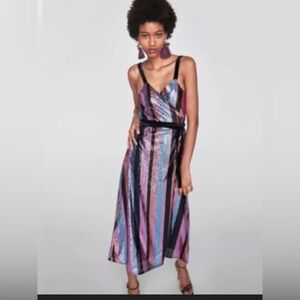 Zara Multicolor Striped Sequin Midi Wrap Dress